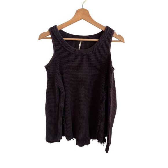 Free People Waffle Knit Cold Shoulder Black Sweater Women's Size XS Distressed - Picture 1 of 5